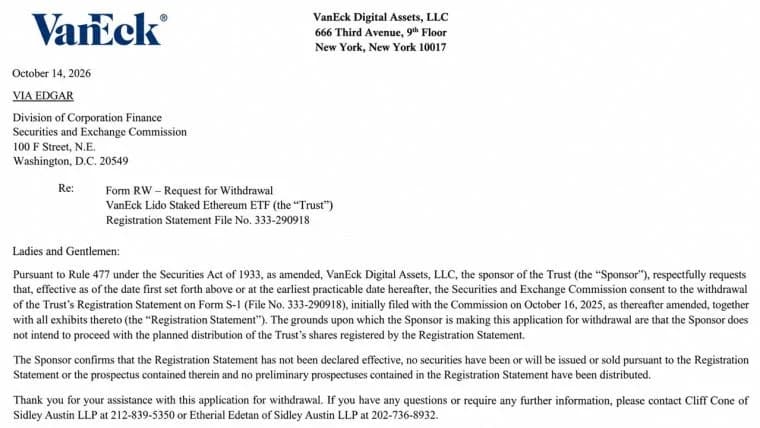 Vaneck ने लॉन्च से पहले अपने Lido Staked Ether ETF को बंद किया।