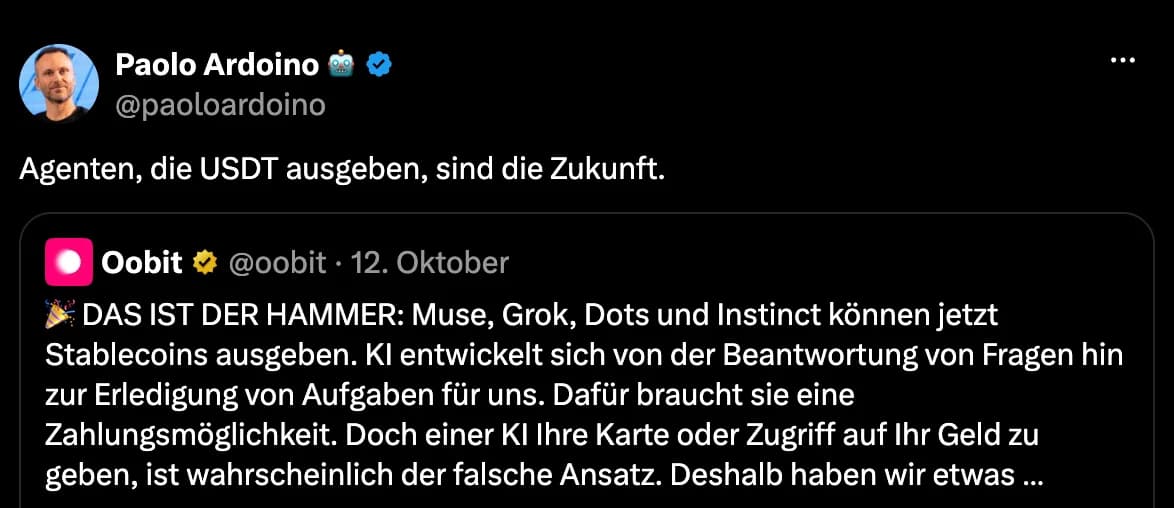 Tether-Chef: „KI-Agenten werden künftig USDT ausgeben“