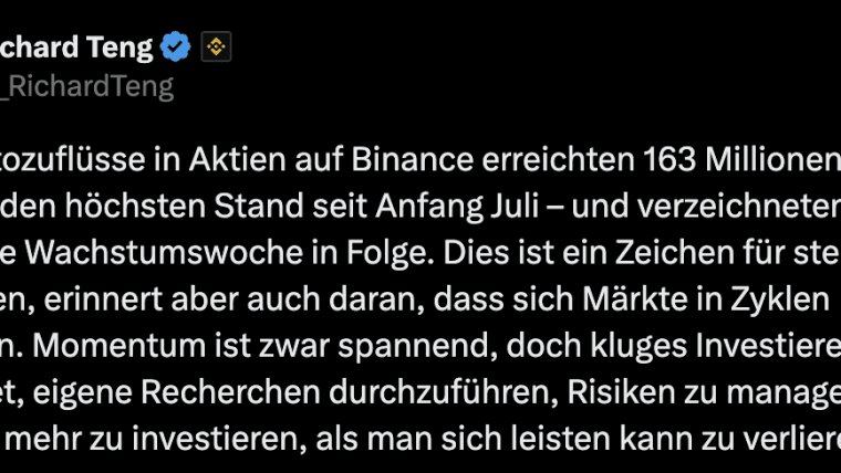 Binance-Co-Chef: Aktien-Zuflüsse auf Hoch seit Juli