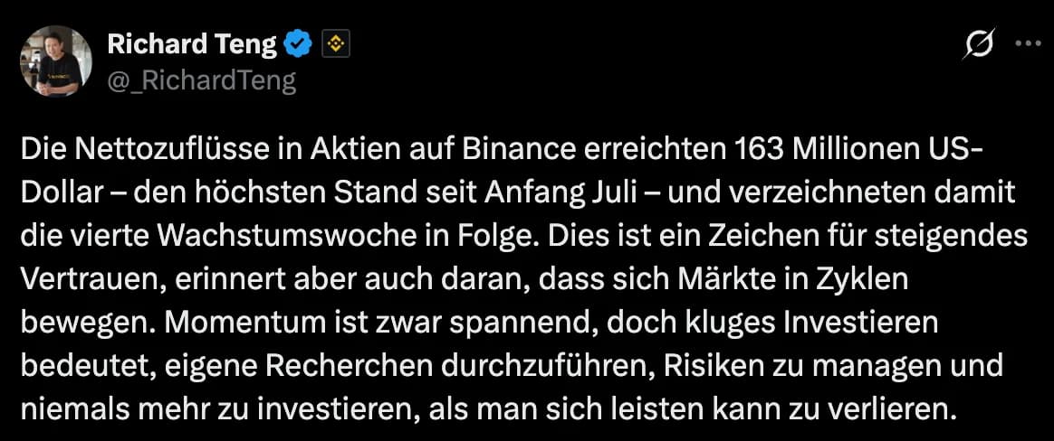 Binance-Co-Chef: Aktien-Zuflüsse auf Hoch seit Juli